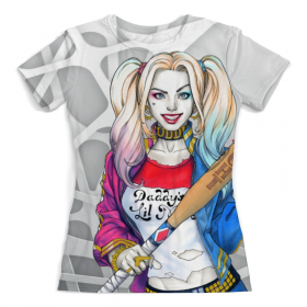 full_print_woman_tee с принтом Harley Quinn Design в Ижевске, Футболка с нанесением полноцветного изображения по всей поверхности может быть выполнена в двух вариантах - ХЛОПОК и СИНТЕТИКА. | Хлопок - ткань из 100% хлопка высшего качества пенье.  <br>Синтетика - ткань с высоким содержанием синтетического волокна (до 80%).  Материал хорошо тянется, имеет приятную на ощупь фактуру | 