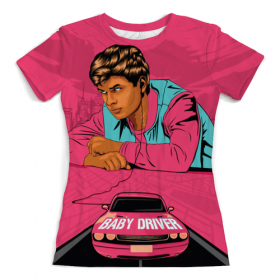 full_print_woman_tee с принтом Baby Driver в Ижевске, Футболка с нанесением полноцветного изображения по всей поверхности может быть выполнена в двух вариантах - ХЛОПОК и СИНТЕТИКА. | Хлопок - ткань из 100% хлопка высшего качества пенье.  <br>Синтетика - ткань с высоким содержанием синтетического волокна (до 80%).  Материал хорошо тянется, имеет приятную на ощупь фактуру | 