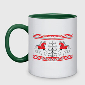 Кружка двухцветная Мезенские лошадки: в Ижевске, керамика | объем — 330 мл, диаметр — 80 мм. Цветная ручка и кайма сверху, в некоторых цветах — вся внутренняя часть | древнерусский | животные | звери | кони | лошади | роспись | славянский | узор
