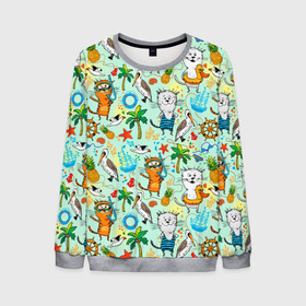 Мужской свитшот 3D с принтом Коты на отдыхе в Ижевске, 100% полиэстер с мягким внутренним слоем | круглый вырез горловины, мягкая резинка на манжетах и поясе, свободная посадка по фигуре | ананас | веселая | гавайская | голубая | для отпуска | жара | корабль | кот | котики | купальник | лето | море | морская | мотивы | отдыхающим | отпуск | пальмы | пейзаж | пеликан | пляж | солнце