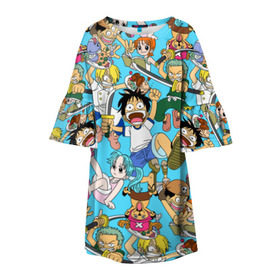 Детское платье 3D с принтом One Piece в Ижевске, 100% полиэстер | прямой силуэт, чуть расширенный к низу. Круглая горловина, на рукавах — воланы | Тематика изображения на принте: monkey d. luffy | one piece | tony tony chopper | аниме | большой куш | ван пис | ванпис | манга | манки д. луффи | пираты | пираты соломенной шляпы | тони тони чоппер