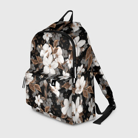 Рюкзак 3D с принтом Белые цветы в Ижевске, 100% полиэстер | лямки с регулируемой длиной, сверху петелька, чтобы рюкзак можно было повесить на вешалку. Основное отделение закрывается на молнию, как и внешний карман. Внутри два дополнительных кармана, один из которых закрывается на молнию. По бокам два дополнительных кармашка | Тематика изображения на принте: black | bud | cute | flora | flowers | golden | leaves | plant | romance | spring | tenderness | white | yellow | белый | бутон | весна | желтый | золотой | листья | мило | нежность | растение | романтика | флора | цветы | черный