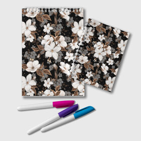 Блокнот с принтом Белые цветы в Ижевске, 100% бумага | 48 листов, плотность листов — 60 г/м2, плотность картонной обложки — 250 г/м2. Листы скреплены удобной пружинной спиралью. Цвет линий — светло-серый
 | Тематика изображения на принте: black | bud | cute | flora | flowers | golden | leaves | plant | romance | spring | tenderness | white | yellow | белый | бутон | весна | желтый | золотой | листья | мило | нежность | растение | романтика | флора | цветы | черный