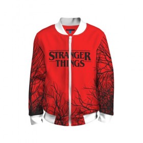 Детский бомбер 3D с принтом STRANGER THINGS в Ижевске, 100% полиэстер | застегивается на молнию, по бокам два кармана без застежек, мягкие манжеты, по низу бомбера и на воротнике — эластичная резинка | Тематика изображения на принте: 011 | 11 | netflix | stranger things | демогоргон | нетфликс | одди | одиннадцатая | очень странные дела | сериалы