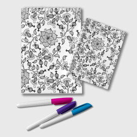 Блокнот с принтом Цветы в Ижевске, 100% бумага | 48 листов, плотность листов — 60 г/м2, плотность картонной обложки — 250 г/м2. Листы скреплены удобной пружинной спиралью. Цвет линий — светло-серый
 | Тематика изображения на принте: 3d | белое | лепестки | летняя | лето | листья | популярное | растения | цветы | черное