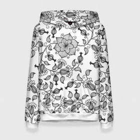 Женская толстовка 3D с принтом Цветы в Ижевске, 100% полиэстер  | двухслойный капюшон со шнурком для регулировки, мягкие манжеты на рукавах и по низу толстовки, спереди карман-кенгуру с мягким внутренним слоем. | Тематика изображения на принте: 3d | белое | лепестки | летняя | лето | листья | популярное | растения | цветы | черное