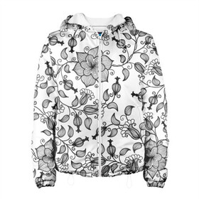 Женская куртка 3D с принтом Цветы в Ижевске, ткань верха — 100% полиэстер, подклад — флис | прямой крой, подол и капюшон оформлены резинкой с фиксаторами, два кармана без застежек по бокам, один большой потайной карман на груди. Карман на груди застегивается на липучку | Тематика изображения на принте: 3d | белое | лепестки | летняя | лето | листья | популярное | растения | цветы | черное