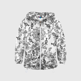 Детская ветровка 3D с принтом Цветы в Ижевске, 100% полиэстер | подол и капюшон оформлены резинкой с фиксаторами, по бокам два кармана без застежек, один потайной карман на груди | Тематика изображения на принте: 3d | белое | лепестки | летняя | лето | листья | популярное | растения | цветы | черное
