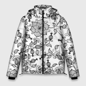 Мужская зимняя куртка 3D с принтом Цветы в Ижевске, верх — 100% полиэстер; подкладка — 100% полиэстер; утеплитель — 100% полиэстер | длина ниже бедра, свободный силуэт Оверсайз. Есть воротник-стойка, отстегивающийся капюшон и ветрозащитная планка. 

Боковые карманы с листочкой на кнопках и внутренний карман на молнии. | Тематика изображения на принте: 3d | белое | лепестки | летняя | лето | листья | популярное | растения | цветы | черное