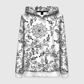 Женская толстовка 3D на молнии с принтом Цветы в Ижевске, 100% полиэстер | длина до линии бедра, манжеты и пояс оформлены мягкой тканевой резинкой, двухслойный капюшон со шнурком для регулировки, спереди молния, по бокам два кармана | Тематика изображения на принте: 3d | белое | лепестки | летняя | лето | листья | популярное | растения | цветы | черное