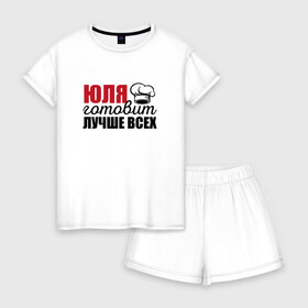 Женская пижама с шортиками хлопок с принтом Юля готовит лучше всех в Ижевске, 100% хлопок | футболка прямого кроя, шорты свободные с широкой мягкой резинкой | готовит | готовит лучше всех | готовка | девушке | жене | женская | именная | лучше | маме | надпись | повар | подарок | подруге | прикол | прикольная | самая | смешная | юлия | юля