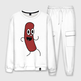 Мужской костюм хлопок с принтом Сосисочка (Он) в Ижевске, 100% хлопок | на свитшоте круглая горловина, мягкая резинка по низу. Брюки заужены к низу, на них два вида карманов: два “обычных” по бокам и два объемных, с клапанами, расположенные ниже линии бедра. Брюки с мягкой трикотажной резинкой на поясе и по низу штанин. В поясе для дополнительного комфорта — широкие завязки | Тематика изображения на принте: 14 февраля | boy.sausage | bun | couple | february 14 | girl | guy | heart | hot dog | love | valentines day | булочка | горчица | девушка | день святого валентина | кетчуп | любовь | майонез | отношения | пара | парень | праздник всех влю