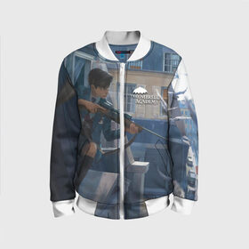 Детский бомбер 3D с принтом Пятый снайпер в Ижевске, 100% полиэстер | застегивается на молнию, по бокам два кармана без застежек, мягкие манжеты, по низу бомбера и на воротнике — эластичная резинка | Тематика изображения на принте: umbrella academy | академия амбрелла | клаус харгривз | номер пять | роберт шиэн