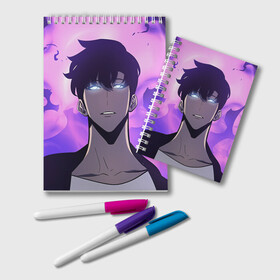 Блокнот с принтом Поднятие уровня в одиночку в Ижевске, 100% бумага | 48 листов, плотность листов — 60 г/м2, плотность картонной обложки — 250 г/м2. Листы скреплены удобной пружинной спиралью. Цвет линий — светло-серый
 | Тематика изображения на принте: anime | manga | solo leveling | аниме | манга | поднятие уровня в одиночку | улыбка | хэллоуин