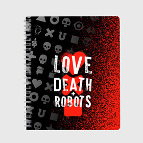 Тетрадь с принтом ЛЮБОВЬ СМЕРТЬ И РОБОТЫ / УЗОР в Ижевске, 100% бумага | 48 листов, плотность листов — 60 г/м2, плотность картонной обложки — 250 г/м2. Листы скреплены сбоку удобной пружинной спиралью. Уголки страниц и обложки скругленные. Цвет линий — светло-серый
 | Тематика изображения на принте: 1 сезон | 2 сезон | gradient | love death and robots | netflix | анимационный сериал | градиент | лого | мультфильм | нетфликс | оранжевый. | сериал