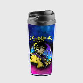 Термокружка-непроливайка Чёрный клевер космический Юно: в Ижевске, внутренняя часть — пищевой пластик, наружная часть — прозрачный пластик, между ними — полиграфическая вставка с рисунком | объем — 350 мл, герметичная крышка | asta | black bulls | black clover | quartet knights | yuno | акума | аниме | аста | блэк кловер | буракку куро:ба | демон | королевство клевера | король магов | лихт | магна | манга | пятилистник | черный бык | чёрный клев