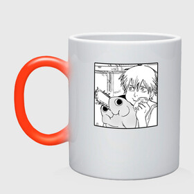 Кружка хамелеон с принтом Человек — бензопила в Ижевске, керамика | меняет цвет при нагревании, емкость 330 мл | Тематика изображения на принте: anime | chainsaw man | chainsawman | horror | kawaii | аниме | бензопила | герои | демон | дэнджи | дэндзи | каваии | кавай | кэжуал | манга | милота | пес | пес бензопила | ужасы | человек | человек бензопила