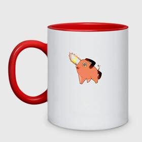 Кружка двухцветная с принтом Почитта в Ижевске, керамика | объем — 330 мл, диаметр — 80 мм. Цветная ручка и кайма сверху, в некоторых цветах — вся внутренняя часть | Тематика изображения на принте: manga | рисунок | собака | человек бензопила