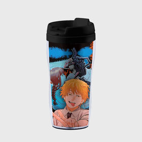 Термокружка-непроливайка с принтом Дэндзи и Макима в Ижевске, внутренняя часть — пищевой пластик, наружная часть — прозрачный пластик, между ними — полиграфическая вставка с рисунком | объем — 350 мл, герметичная крышка | Тематика изображения на принте: anime | blood | chainsaw man | demon | denji | devil | makima | monster | pochita | аниме | демон | дьявол | дэндзи | кровь | макима | монстр | почита | человек бензопила
