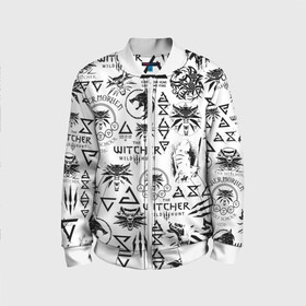 Детский бомбер 3D с принтом THE WITCHER LOGOBOMBING ЧЁРНО БЕЛЫЙ | ВЕДЬМАК ПАТТЕРН в Ижевске, 100% полиэстер | застегивается на молнию, по бокам два кармана без застежек, мягкие манжеты, по низу бомбера и на воротнике — эластичная резинка | Тематика изображения на принте: geralt | the witcher | the witcher wild hunt | witcher | wolf | аард | аксий | белый волк | ведьмак | ведьмак 3 | волк | геральт | игни | ирден | йенифер | каер морхен | квен | охотник | трисс | цири | школа волка