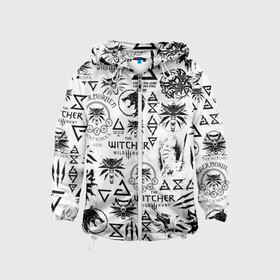 Детская ветровка 3D с принтом THE WITCHER LOGOBOMBING ЧЁРНО БЕЛЫЙ | ВЕДЬМАК ПАТТЕРН в Ижевске, 100% полиэстер | подол и капюшон оформлены резинкой с фиксаторами, по бокам два кармана без застежек, один потайной карман на груди | Тематика изображения на принте: geralt | the witcher | the witcher wild hunt | witcher | wolf | аард | аксий | белый волк | ведьмак | ведьмак 3 | волк | геральт | игни | ирден | йенифер | каер морхен | квен | охотник | трисс | цири | школа волка